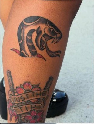 Traditional cobra snake tattoo with banner lettering and cherry blossoms, by Aaron Raines