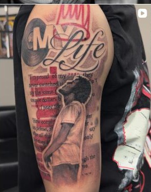 Portrait tattoo with "My Life" script lettering by Thelmo