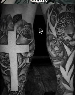 Black and grey cross and rose tattoo next to a leopard portrait, by Thelmo