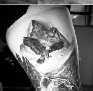 Black and grey eagle and bear mountain scene tattoo by Thelmo