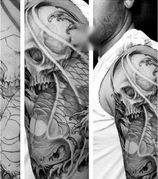 Black and grey dragon and skull shoulder tattoo, design to finished piece, by Thelmo