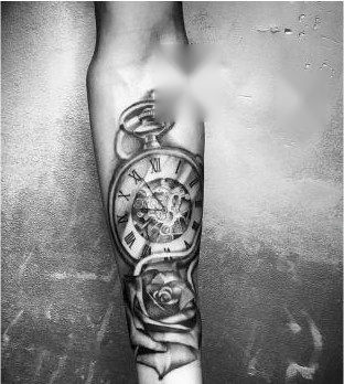 Black and grey pocket watch and rose forearm tattoo by Thelmo