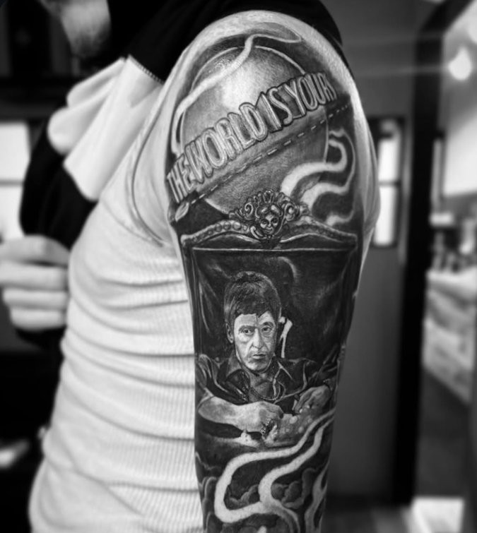 Black and grey Scarface portrait sleeve by Thelmo