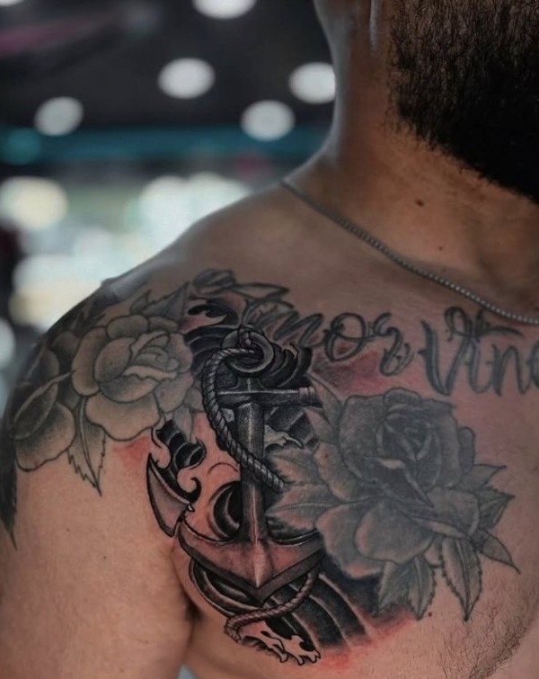 Black and grey anchor and roses chest piece by Jaymez