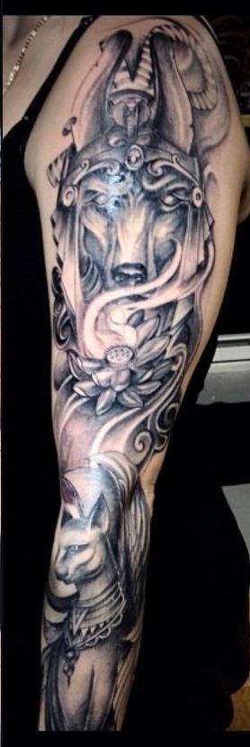 Egyptian-themed black and grey realism sleeve