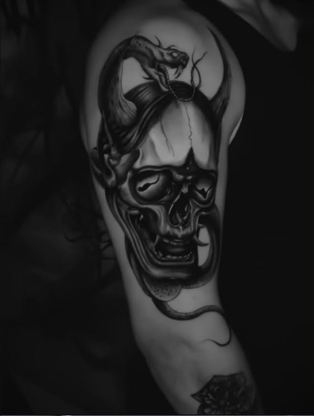 Demon skull and snake black and grey arm piece