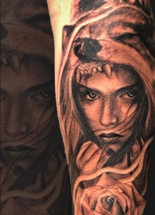 Wolf-hood woman portrait with rose by Thelmo